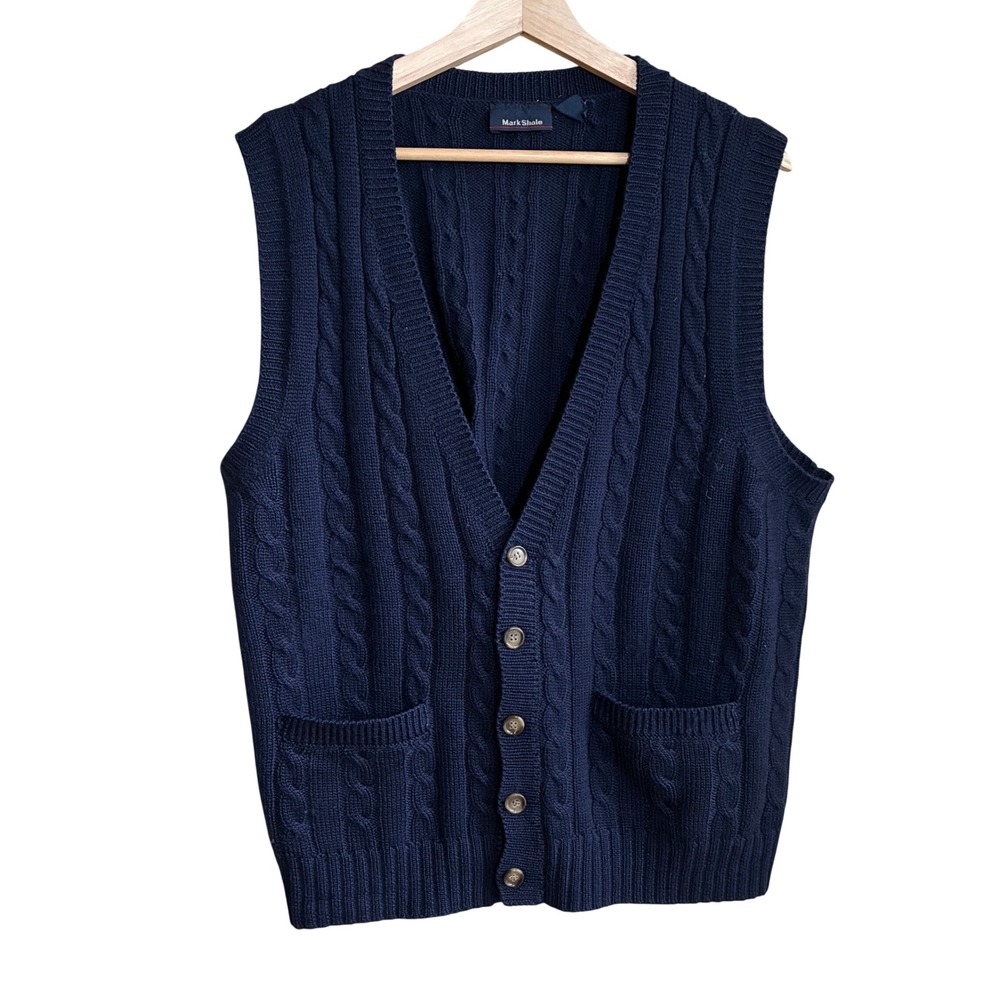 Mark Shale Cable Knit Cardigan Vest Large Navy Blue Mens 100% Wool